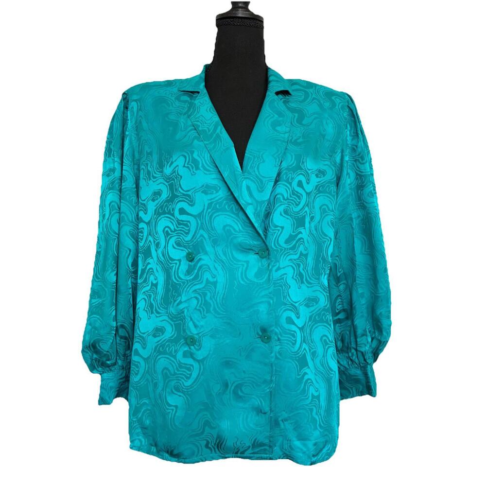 Vintage Argenti Teal Silk Marbled Blazer Jacket Size 12 80s 90s Retro Office